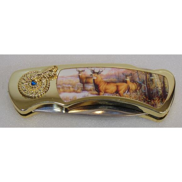 Wildlife Lockback Buck Deer Knife Collectible Tin Stainless Steel Blade Feathers - Picture 2 of 12